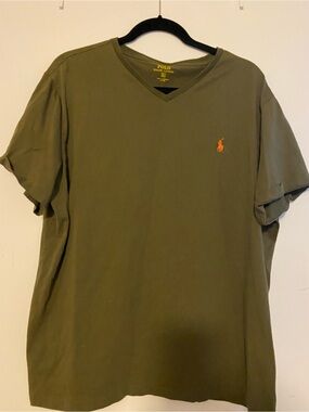 Polo by Ralph Lauren Olive Green V-Neck Tee with Orange Pony
